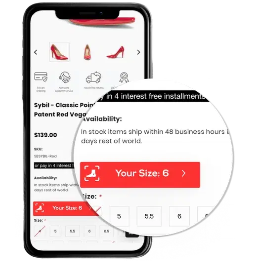 Product page showing your size: 6